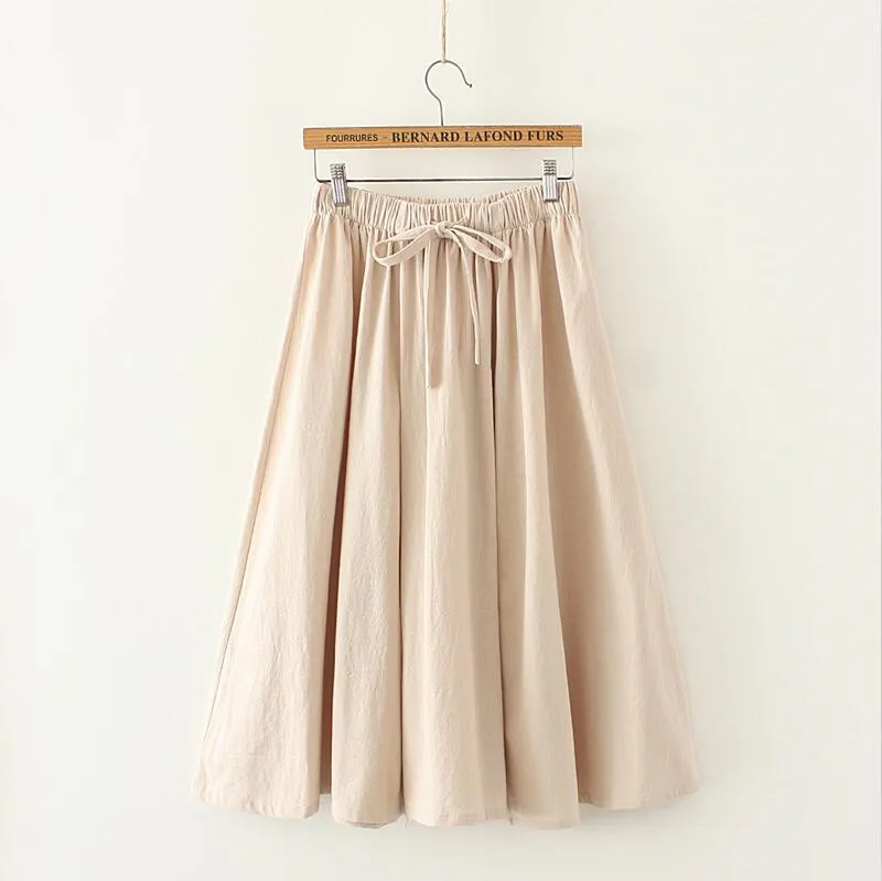 Женская летняя юбка из хлопка и льна, консервативный стиль, однотонная, свободная, 6 цветов, Милая юбка для девочек, юбка размера плюс, M-7XL