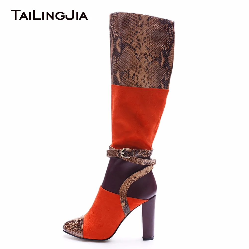

High Quality Snake Fabric Mixed Yellow Faux Suede Woman High Heel Fashion Knee Boot New Serpentine Ladies Long Boots With Zipper