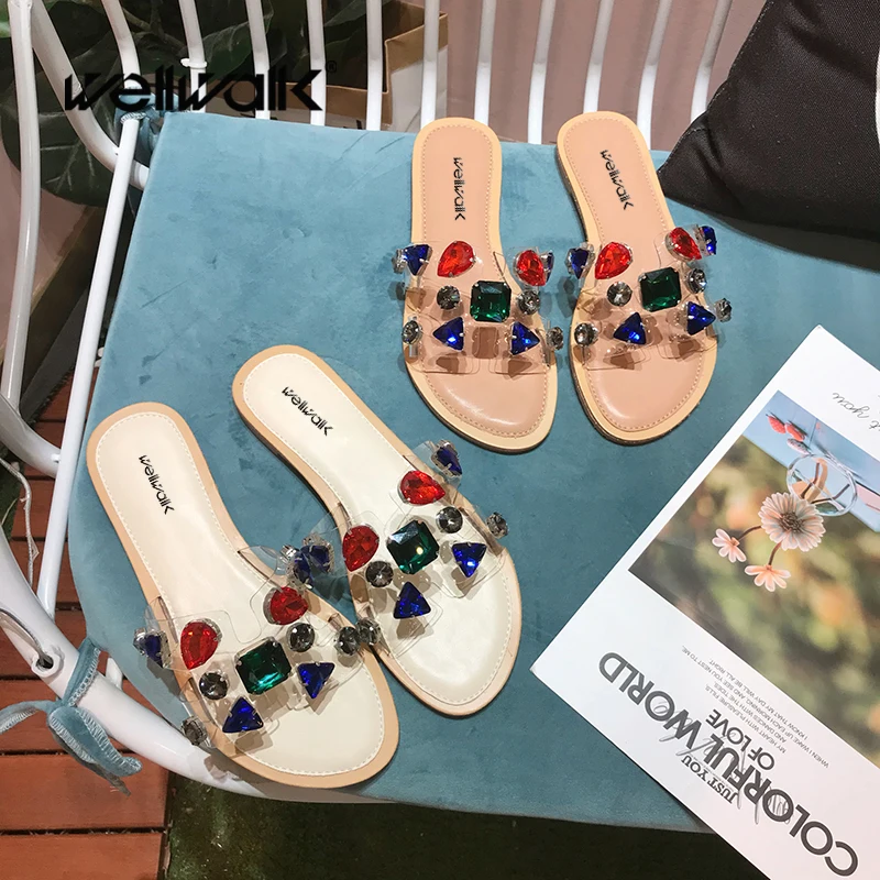 

Wellwalk Colors Crystal Home Slippers Ladies Transparent Shoes Women Flat Sliders Female Slip On Sandals Summer Sliders
