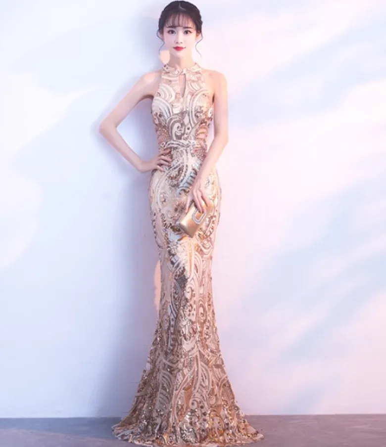 Женское модное Золотое сексуальное Макси-Платье с пайетками, Золотое летнее вечернее платье в пол без рукавов с лямкой на шее, платье русалки