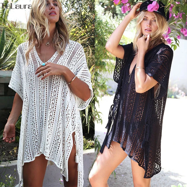 2018 New Beach Cover Up Bikini Crochet Knitted Tassel Tie Beachwear Summer Swimsuit Cover Up Sexy See-through Beach Dress