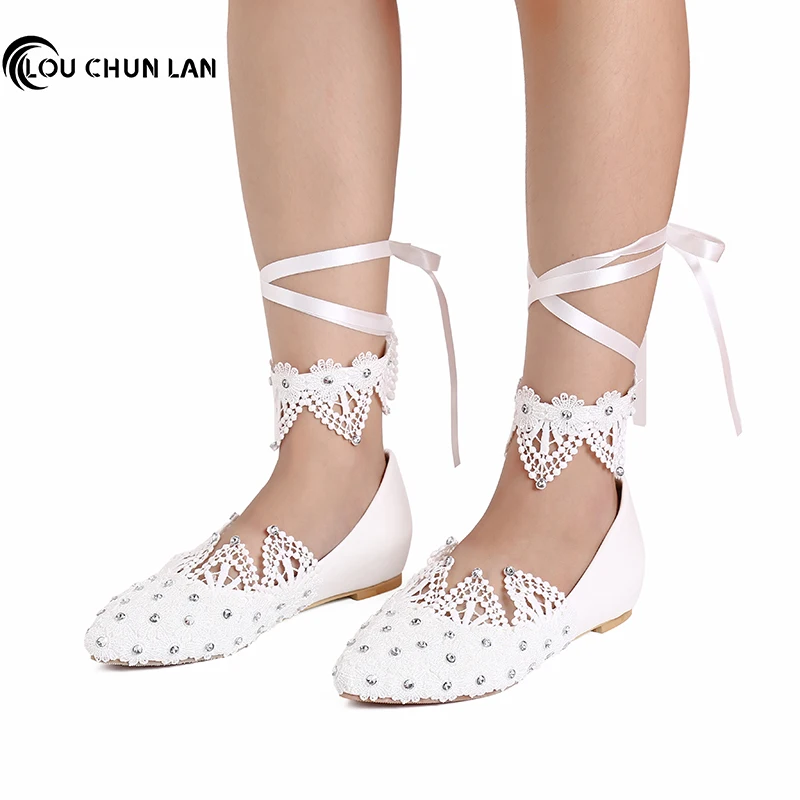 

Adults Flats Shoes Wedding Shoes Women shoes White lace pearl diamond table bride round toe wristband shoes large size 41-52