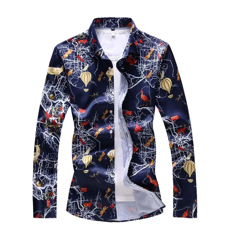Осенняя Новая мужская рубашка большого размера Дизайнерские пуговицы с индивидуальным принтом хлопковые рубашки с длинными рукавами 5XL 6XL 7XL - Цвет: 7506 navy