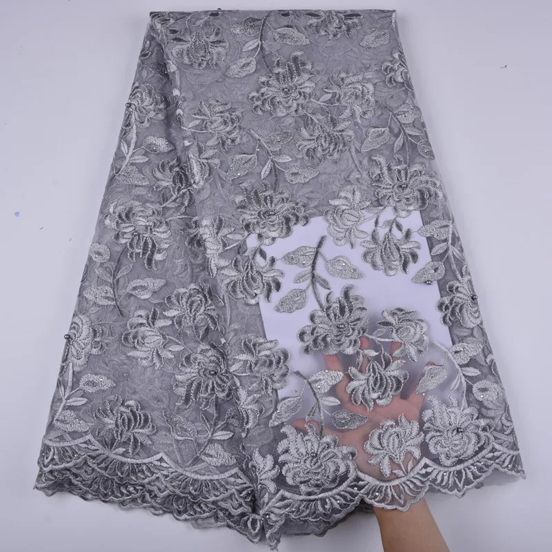 

Grey Nigerian French Lace Fabric 2018 For Bridal Wedding Dress Newest French Tulle Net Lace With Stones For Party Sewing 1306B