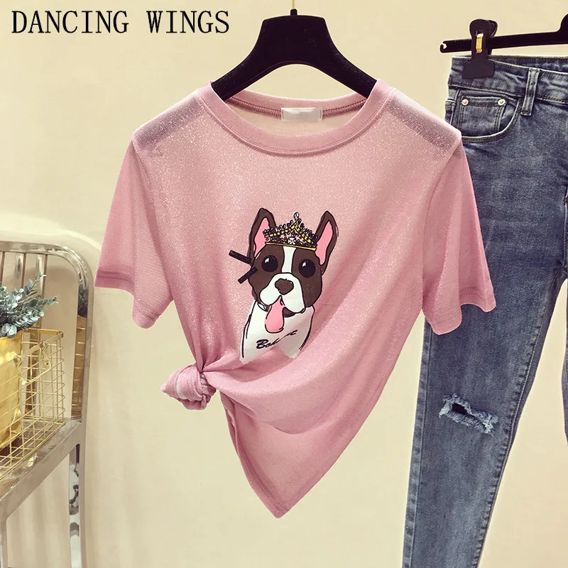 Корейские Модные свободные с принтом Собаки Футболка женская с коротким рукавом Круглый Воротник Розовый летняя рубашка vogue футболка