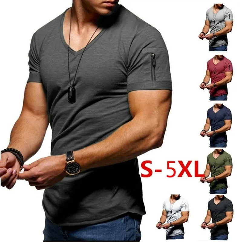 

2019 fashion trend Leisure Slim short-sleeved T-shirt men's arm zipper T-shirt V-neck men T-shirt Fitness Hip hop T-shirt large