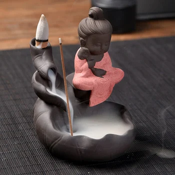 

10pcs Incense Cones + Burner Ceramic The Little Monk Small Buddha Censer Smoke Backflow Incense Holder Use In Home Teahouse