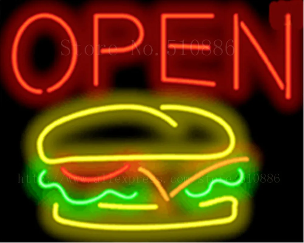 

Burger Open neon sign Handcrafted Light Bar Beer Pub Club signs Shop Business Signboard diet food diner break 19"x15"