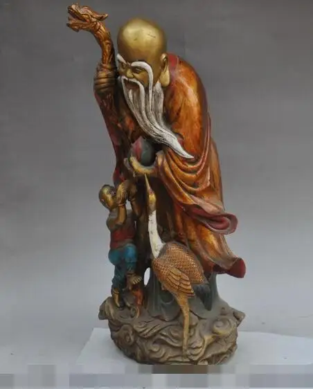 

S06138 24"china folk bronze Painted Peach Longevity god Crane bird boy lad lucky statue