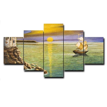 

Laeacco 5 Panel Sailboat Sunrise Posters and Prints Abstract Wall Artwork Canvas Painting Living Room Bedroom Home Decor