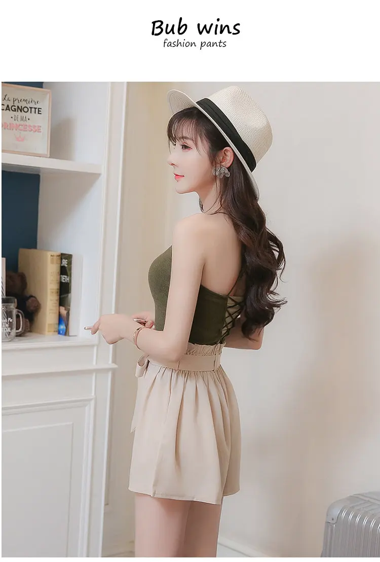 Summer Fashion Women Shorts High Waist Brown Chiffon Shorts Female Bow Elastic Waist Wide Leg Shorts Ladies Cortos Mujer 2018 (7)