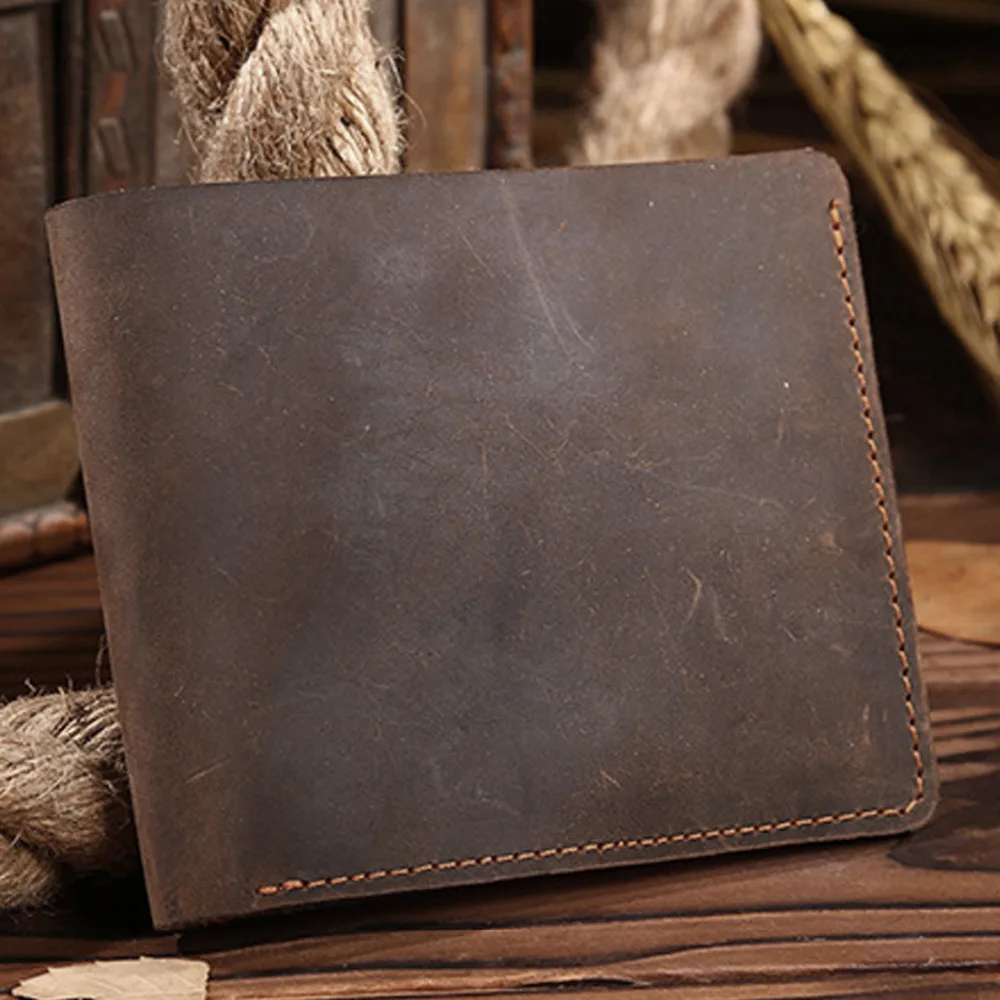 

Men Genuine Leather Purse Case Pocket ID/Credit Card Holder Vintage Trends High Quality Crazy Horse Cowhide Short Wallet