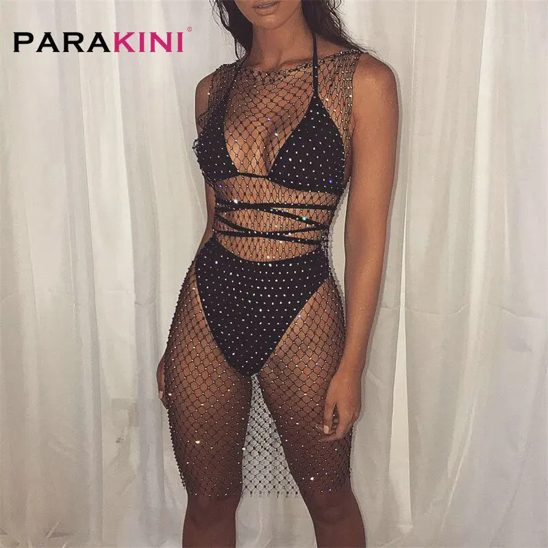 

PARAKINI 2019 Bling Rhinestones Black Mesh Hollow Out Bikini Blouse Dress Sleeveless Fishnet Bodycon Women Summer Party Dresses