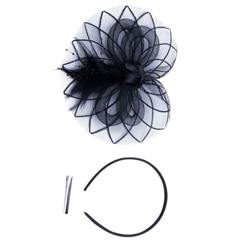 

Flower Feather Fascinator Headband Hat Wedding Prom Ladies, Black