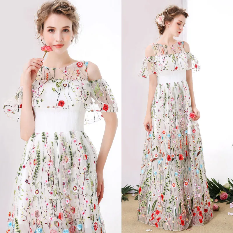 Shinesure 2017 вышивка вечерние платья scoop длиной до пола короткие рукава a line пром dress the