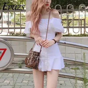 

Sexy off shoulder white dress women vintage ruffles button mini dress Casual elegant korean beach party dresses 2019