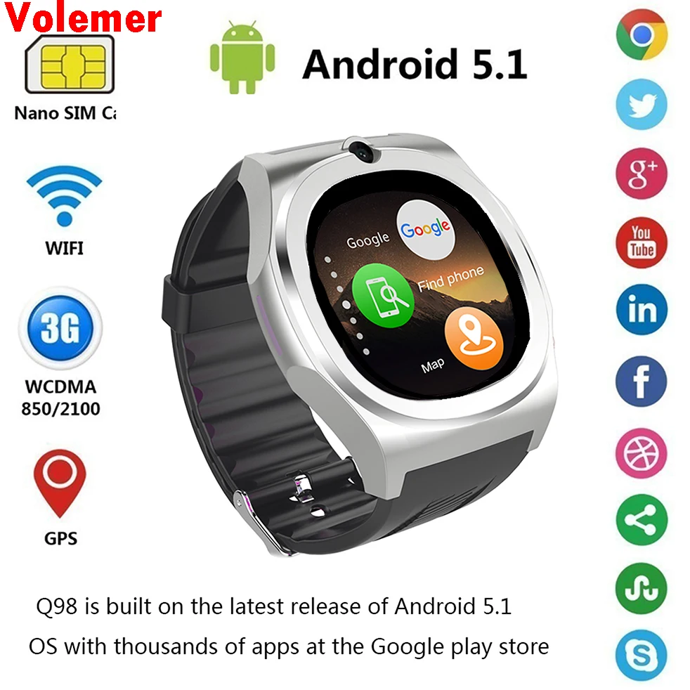 

2017 New Smart watch Q98 MTk6580 Support SIM SD Card Bluetooth WIFI GPS SMS camera cell phone bracelet For iPhone & Android Man