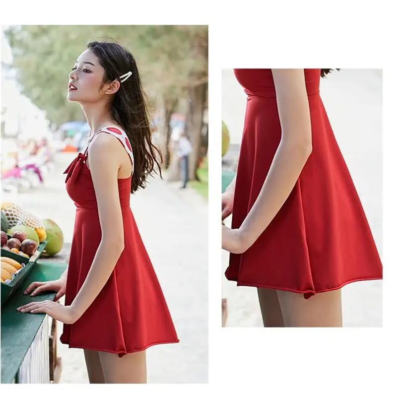

Sexy Dot Bow Double Shoulder Strap One piece Swimsuit 2019 New Arrival Push Up Skirt Swimwear Beach Holiday Women Bathing Suits