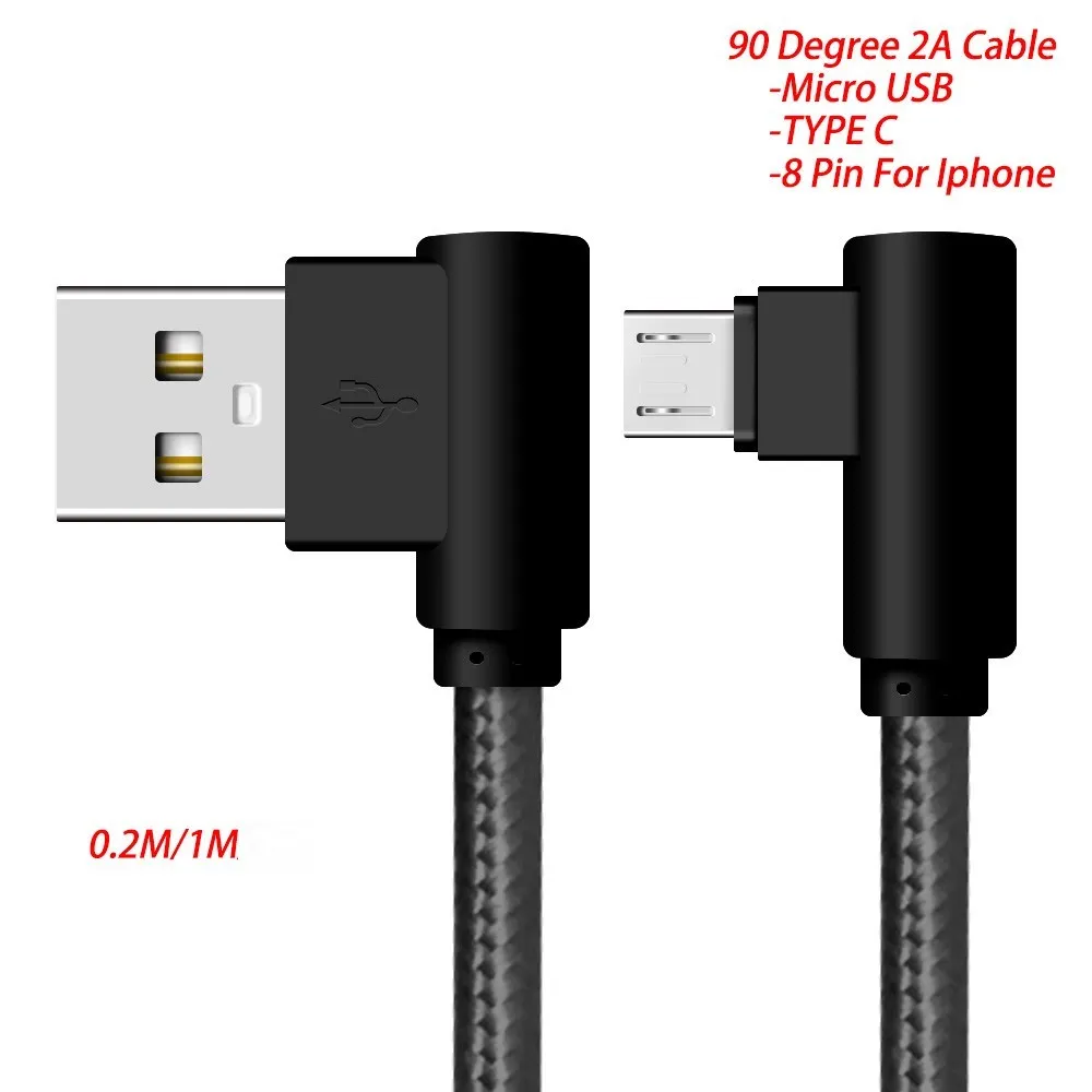 

For Iphone USB Cable 2A Fast Charger Micro USB/TYPE C Phone Cable For XIAOMI HUAWEI SAMSUNG 90 Degree Braided Cord 0.2/1 Meter