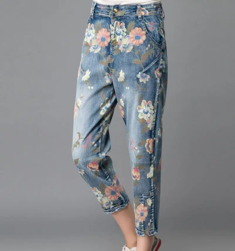 Boyfriend Jeans New Women Jeans Loose cross Pants flower print Harem capris plus size