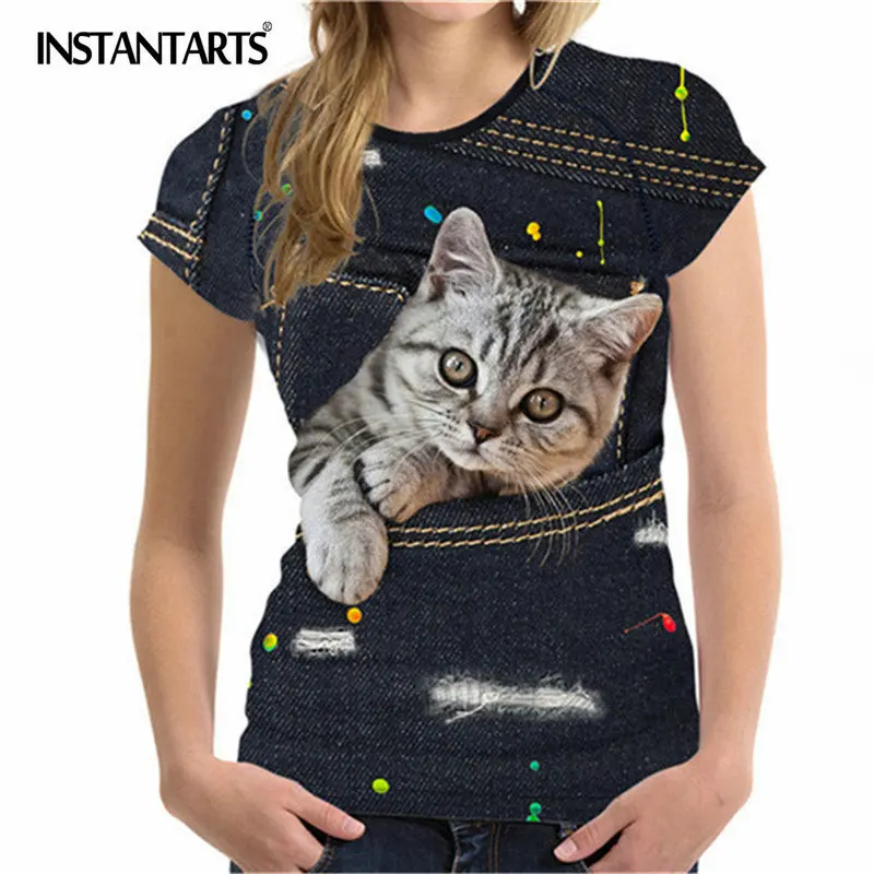 

INSTANTARTS Summer Female Tshirt 3D Black Denim Cat Dog Pattern Short Sleeve T Shirt for Ladies Fashion Breathable Tee Shirt Top
