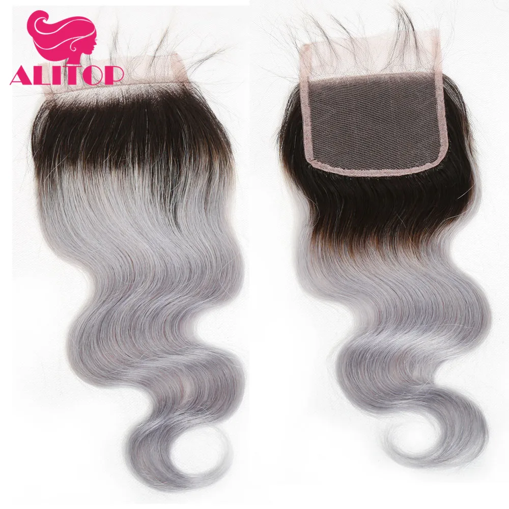 

ALITOP Hair 1B Grey Brazilian Body Wave Closure Non Remy Hair 4X4 Lace Closure Free/Middle/Three Part Swiss Lace With Baby Hair