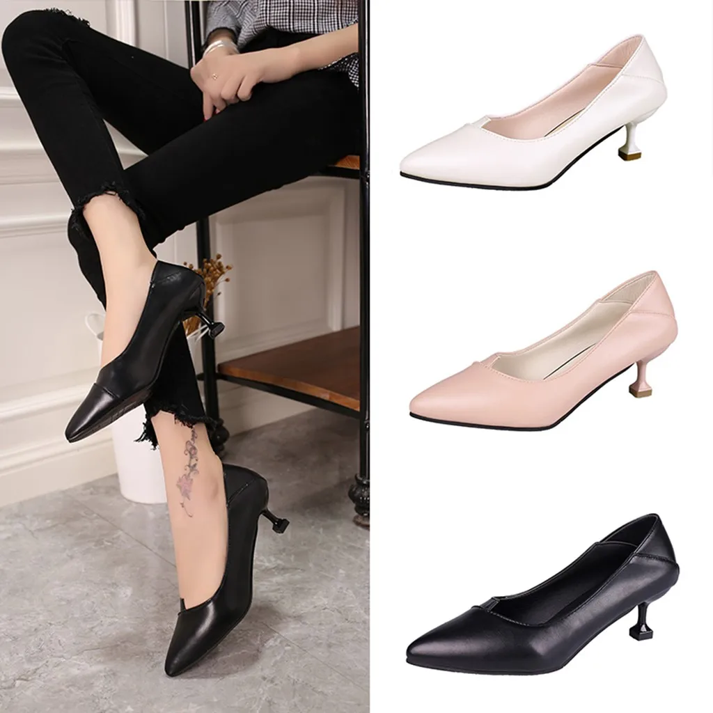 

new summer white high heels sandals leather pointed head Middle Pumps Heels With Single Shoes Pointed Head Thin Heels Women