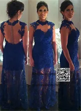 Elegant Blue font b Dresses b font for Proms Long Applique Lace Sleeveless See Through High
