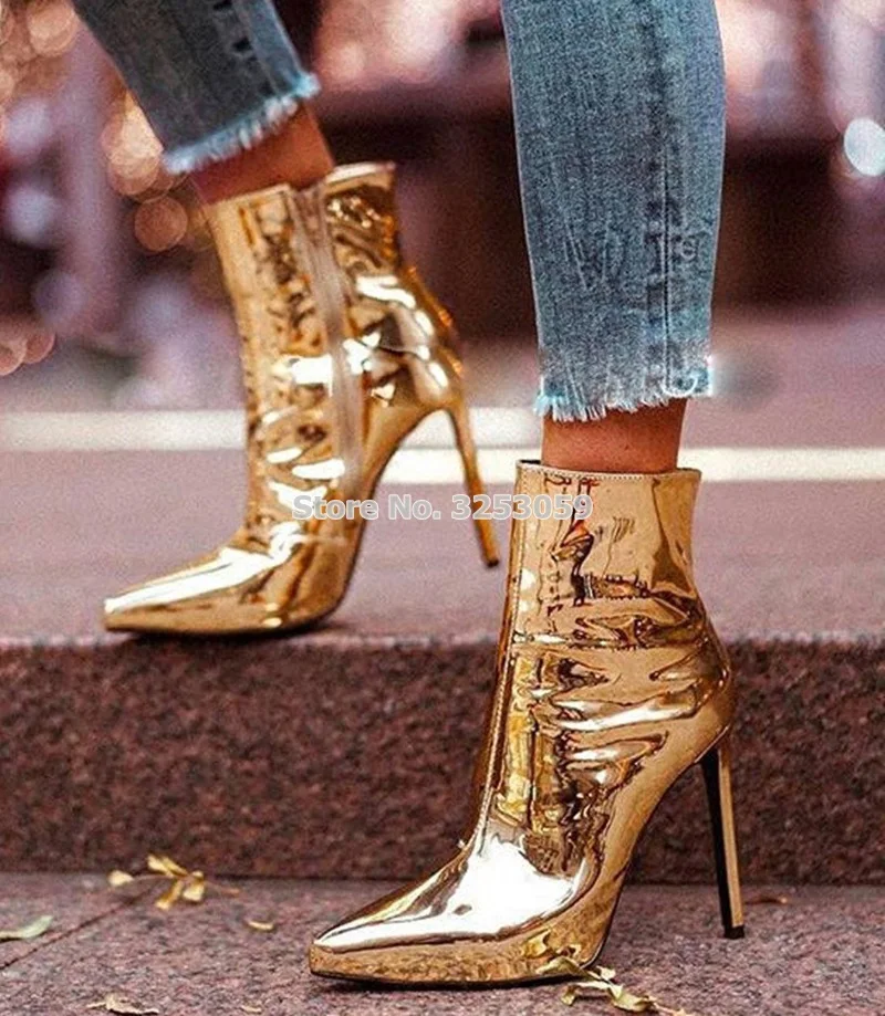 Women Sexy Pointed Toe Gold Silver Patent Leather Ankle Boots Metallic