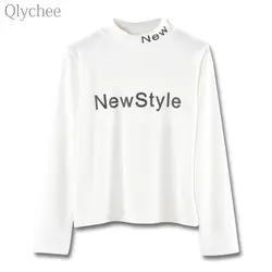 Qlychee осень-весна Для женщин Повседневное Футболка Письмо водолазка футболка с длинным рукавом Уличная черный, белый цвет тонкий футболка