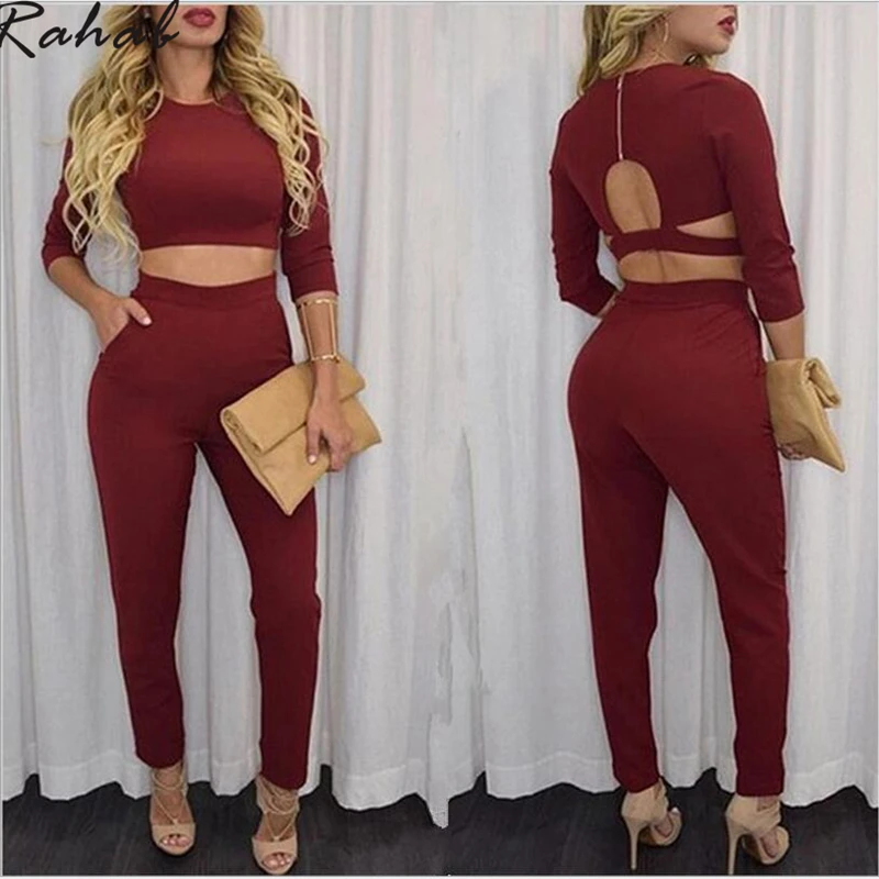 2016 Backless Long Sleeve Crop and Legging Set For Women Back Zip Up Secy Matching Setsin Women