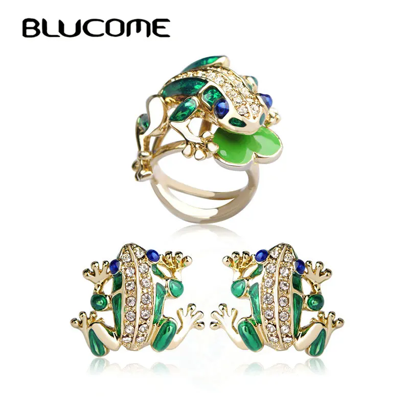 

Blucome Fashion Green Frog Jewelry Sets Max Brincos Pendientes Anel Aneis Enamel Joias Ouro Heart Stud Earrings Rings Set Bijoux