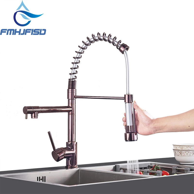 

FMHJFISD Rose Gold Spring Kitchen Faucet Dual Spout Sink Faucets Single Handle Deck Mounted Mixer Tap Hot and Cold Water