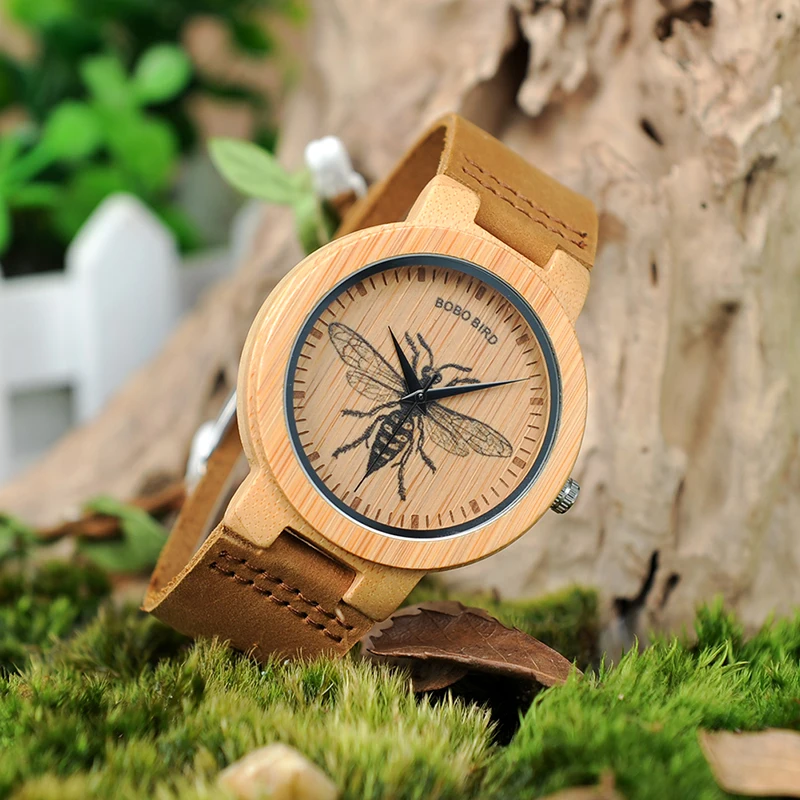 BOBO BIRD LP20 Men Wrist Watch Fashion Bamboo Quartz Watch Montre Homme Skeleton Dragonfly Animals Watch Men