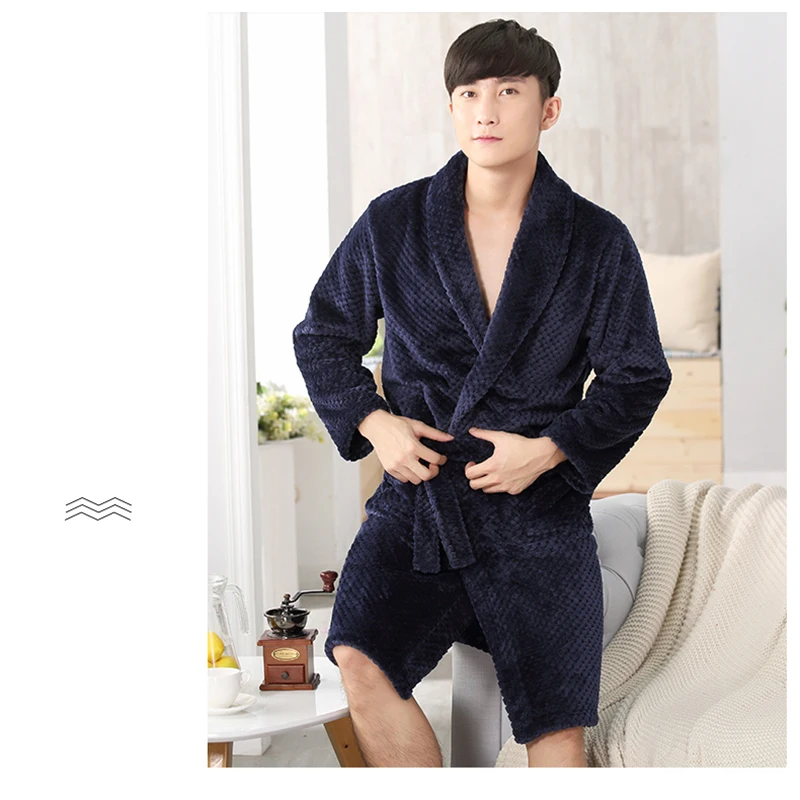 Men Coral Fleece Sleepwear Winter Warm Mens Robes Flannel Pajama