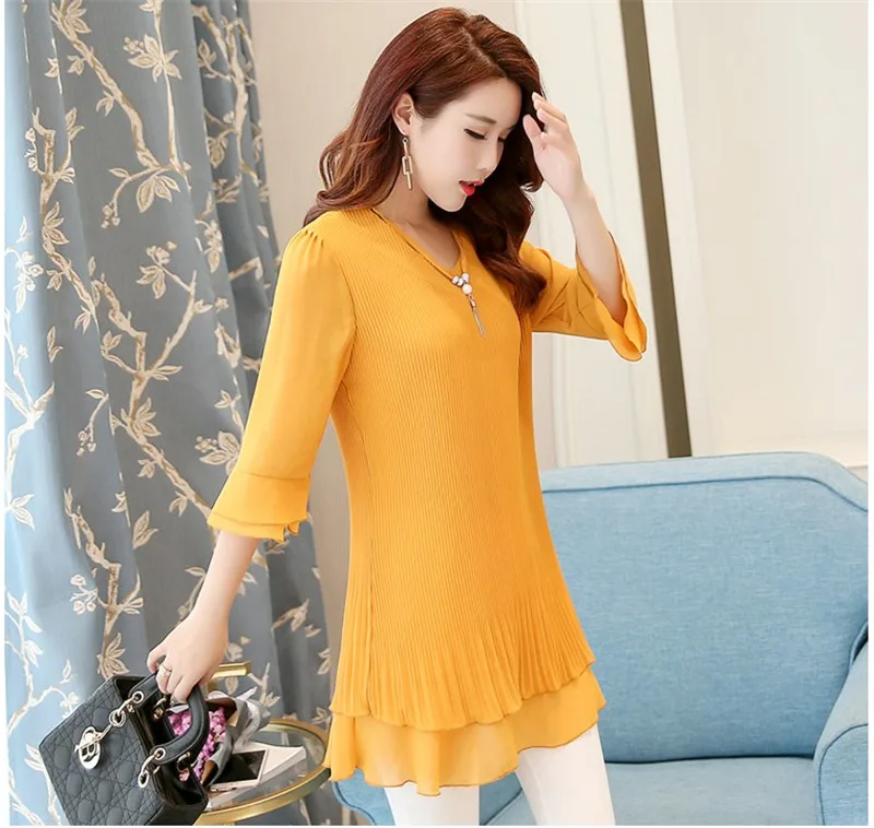 TEAEGG New Elegant Women Chiffon Blouses Office Lady Half Sleeve Shirt Formal Blusas High Quality Plus Size 5XL Tops AL855 - Цвет: yellow