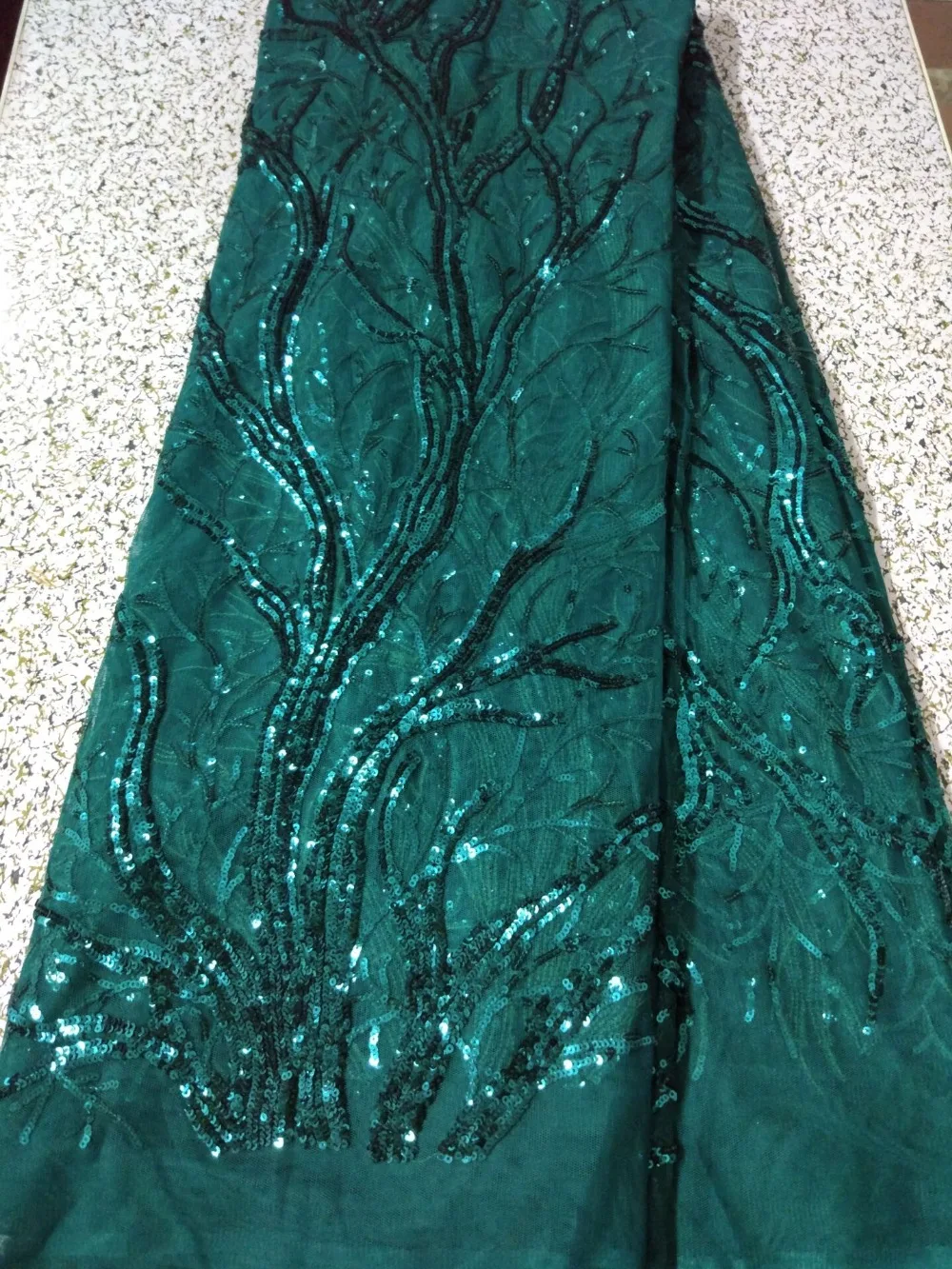 

5Yards/pc Popular teal french net lace and trees style sequins african mesh lace fabric for dress LE13