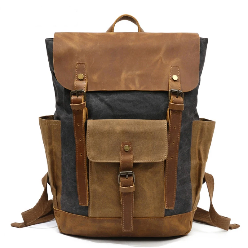 

Daffdoil Retro Contrast Oil Wax Waterproof Canvas Bag Travel Backpack Computer Schoolbag Large Capacity Women Backpack