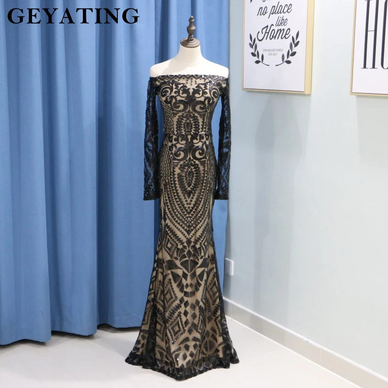Saudi Arabic Black Sequins Mermaid Evening Dress Long Sleeves Off Shoulder Elegant Women Formal Dress Party Prom Dresses 2019 Saudi Arabic Black Sequins Mermaid Evening Dress Long Sleeves Off Shoulder Elegant Women Formal Dress Party Prom Dresses 2019