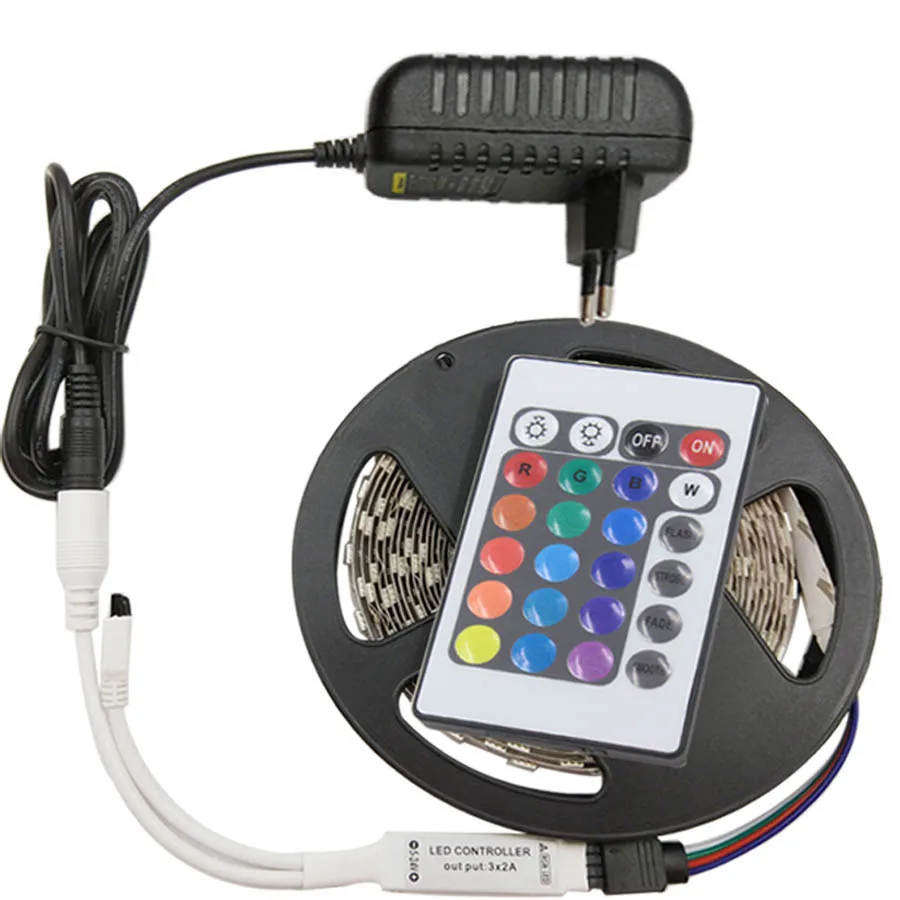 

LED Strip Light 12V RGB Tape Diode Neon Ribbon tira fita LEDs SMD 2835 5M Flexible Light String With Controller adapter