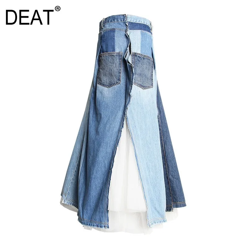 

DEAT 2019 New Spring Summer High Elastic Waist Denim Hit Color Mesh Stitch Temperament Half-body Skirt Women Fashion Tide JU364