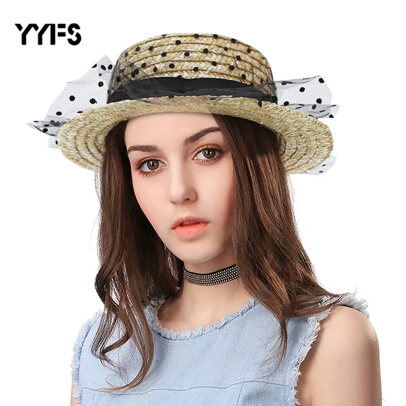 Шляпа от солнца YYFS Пляжная соломенная шляпа в сеточку горошек с черным бантом для