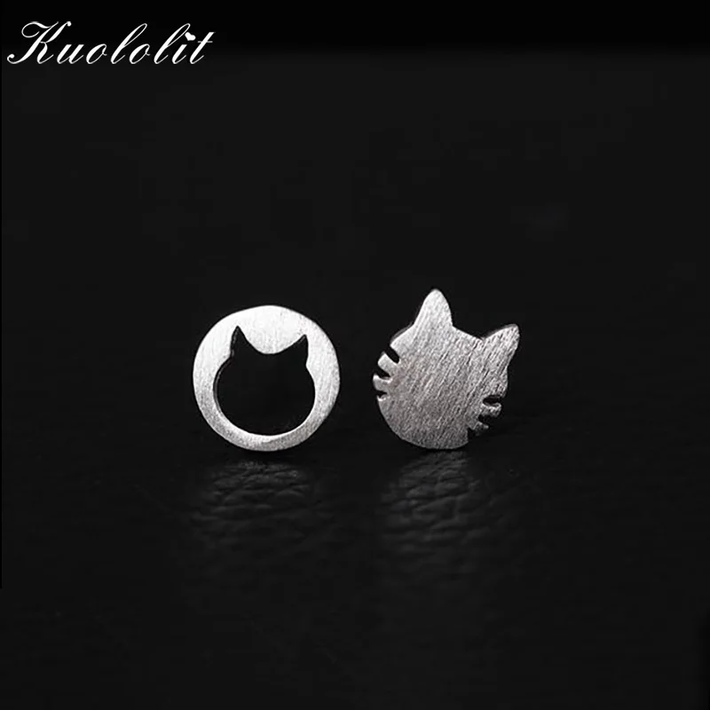 

Kuololit Solid 925 Sterling Silver Cat Stud Earrings For Women Asymmetry Christmas Wedding Fashion Simple Handmade Jewelry New