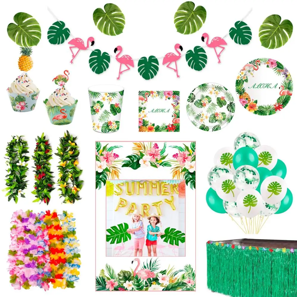 

QIFU Hawaiian Party Decorations Palm Leaf Banner Balloon Luau Summer Tropical Party Flamingo Party Supplies Hawaii Party Decor