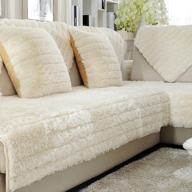 Long Plush Sofa Cushions Antiskid Living Room Autumn And Winter Long Plush Sofa Cushions Antiskid Living Room Autumn And Winter Beige White Pure Color Combination Couch