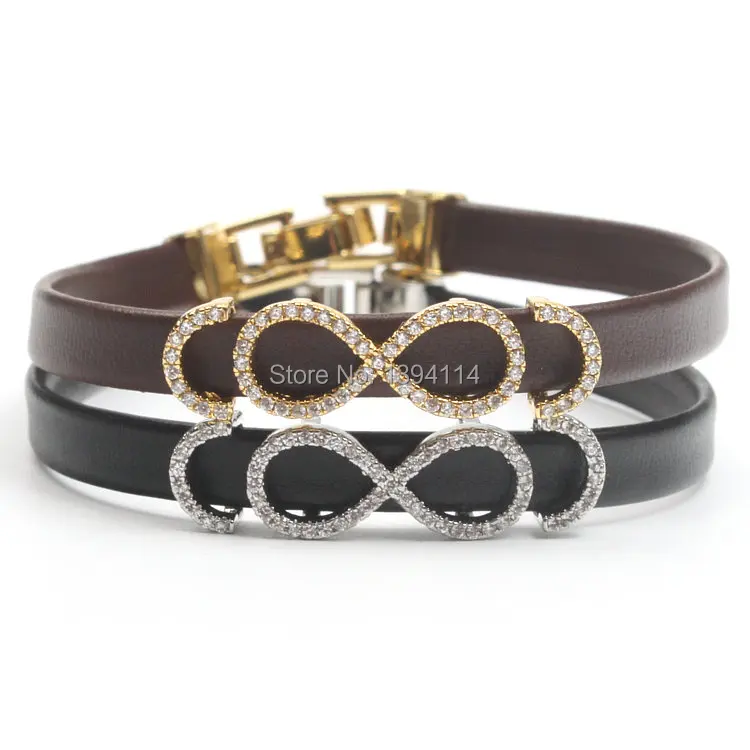 

Micro Pave Clear CZ Infinity Symbol Arc Tube Strand Bracelet Stringed Leather Cord Fold Over Clasp Approx 6-8 Inches