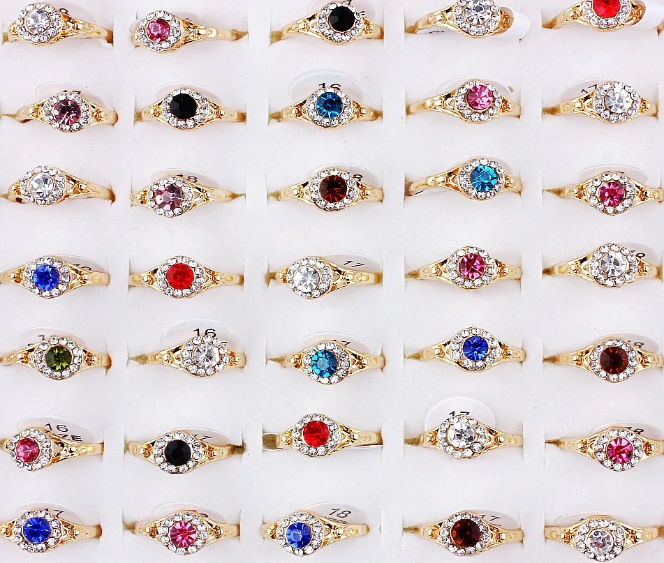 QianBei 50pcs/set Fashion Gold Color Cute Colorful Rhinestone Finger Rings Jewelry For Men Women Gifts Couple 3