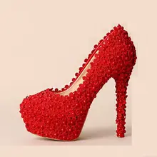 Elegante rote spitze hochzeit schuhe rot farbe lace pumps high heels runde kappe plattform schuhe party hochzeit fersen dünne fersen pumpen