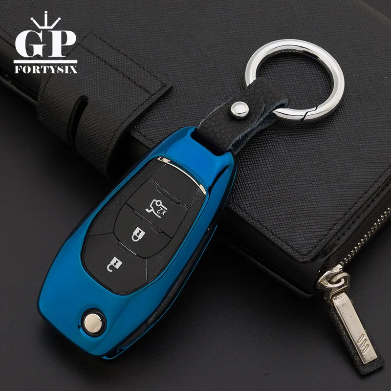 

Zinc Alloy Car Key Cover FOB Case+Leather Keychain ring For Chevrolet Chevy Cruze 2017 4 Buttons Flip Remote Key Case Car-stying