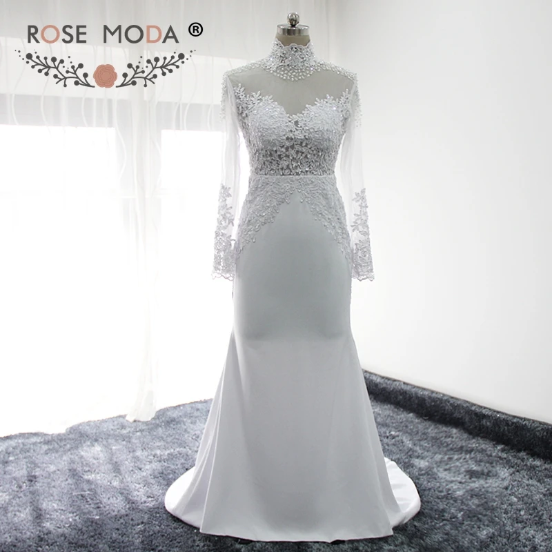 

Rose Moda High Neck Long Sleeves Wedding Dress with Lace Backless Boho Wedding Dresses 2019 Vestidos de Noiva Real Photos